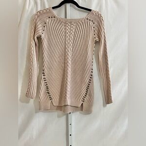 Philosophy Cream Tan Brown Crew Neck Sweater with Ribbed Cable Knit Women Sz XS